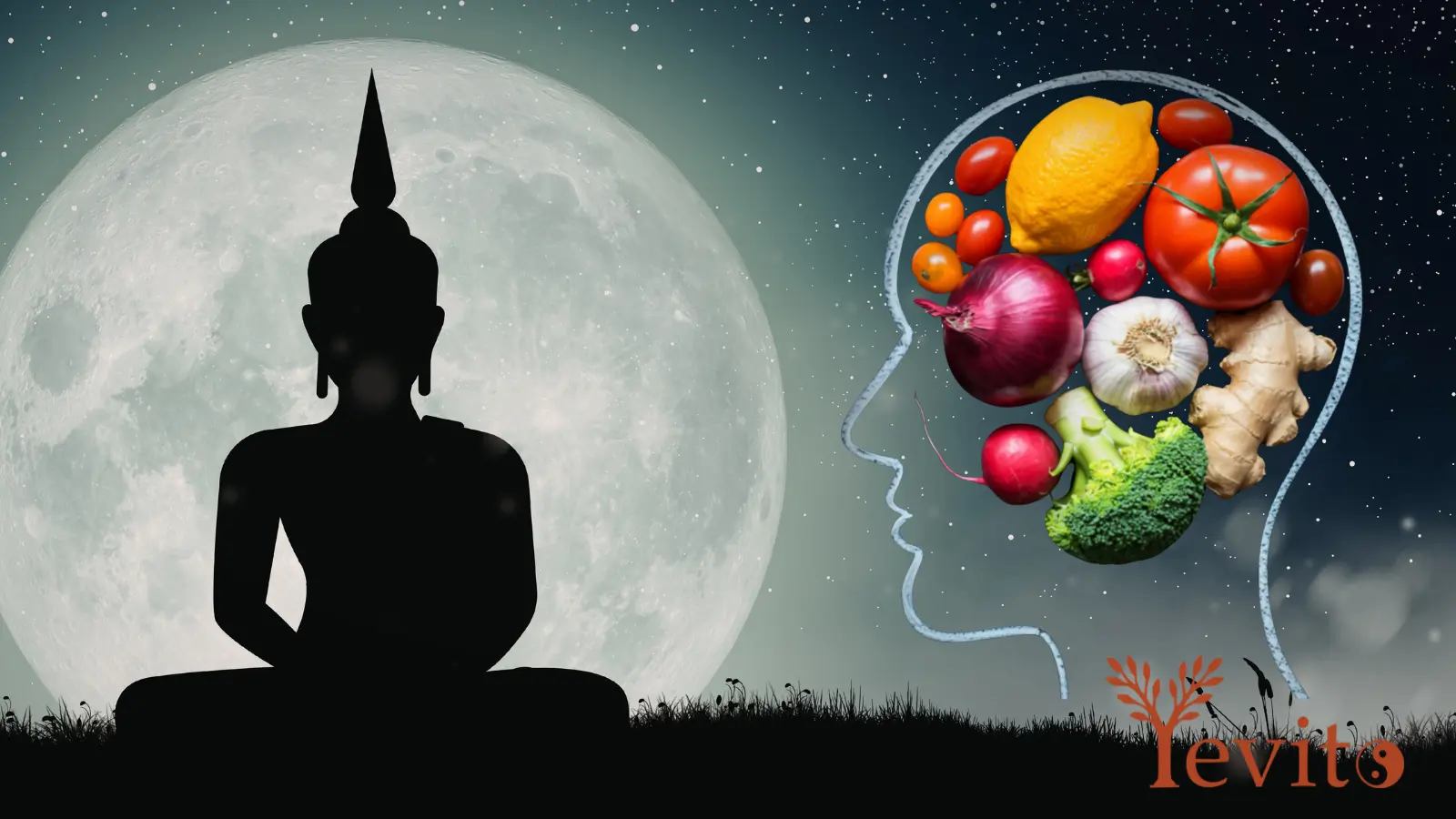 Darstellung von Achtsamkeit und bewusster Ernährung als Zusammenspiel von Geist, Lebensmitteln und ganzheitlichem Lebensstil.