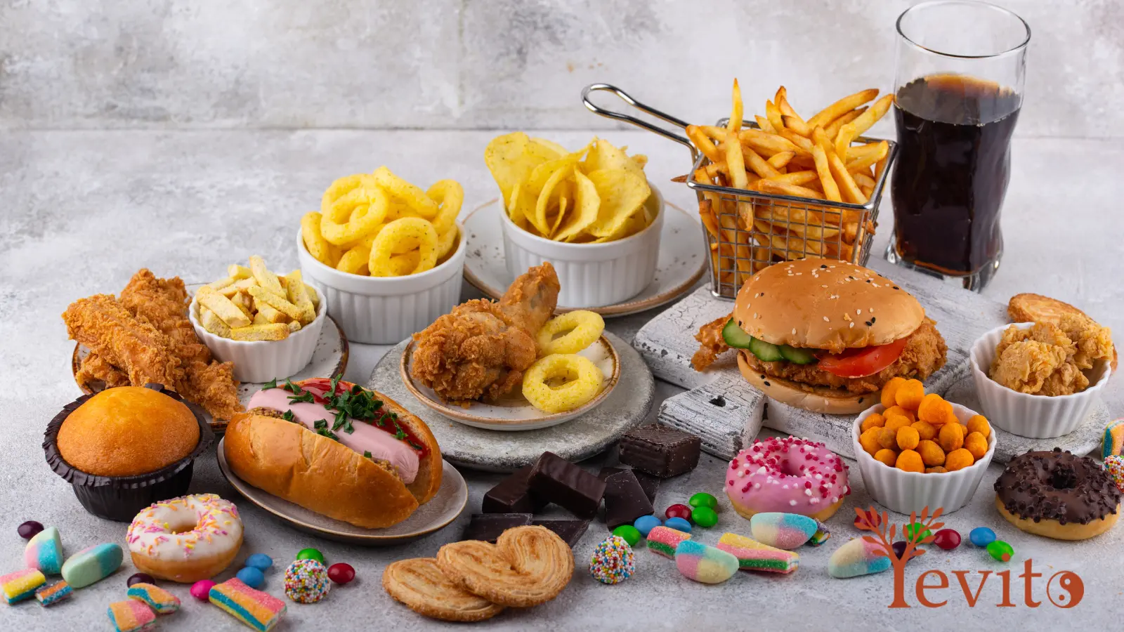 Auswahl stark verarbeiteter Lebensmittel wie Fast Food, Süßigkeiten und Softdrinks als Beispiel moderner, nährstoffarmer Ernährung.