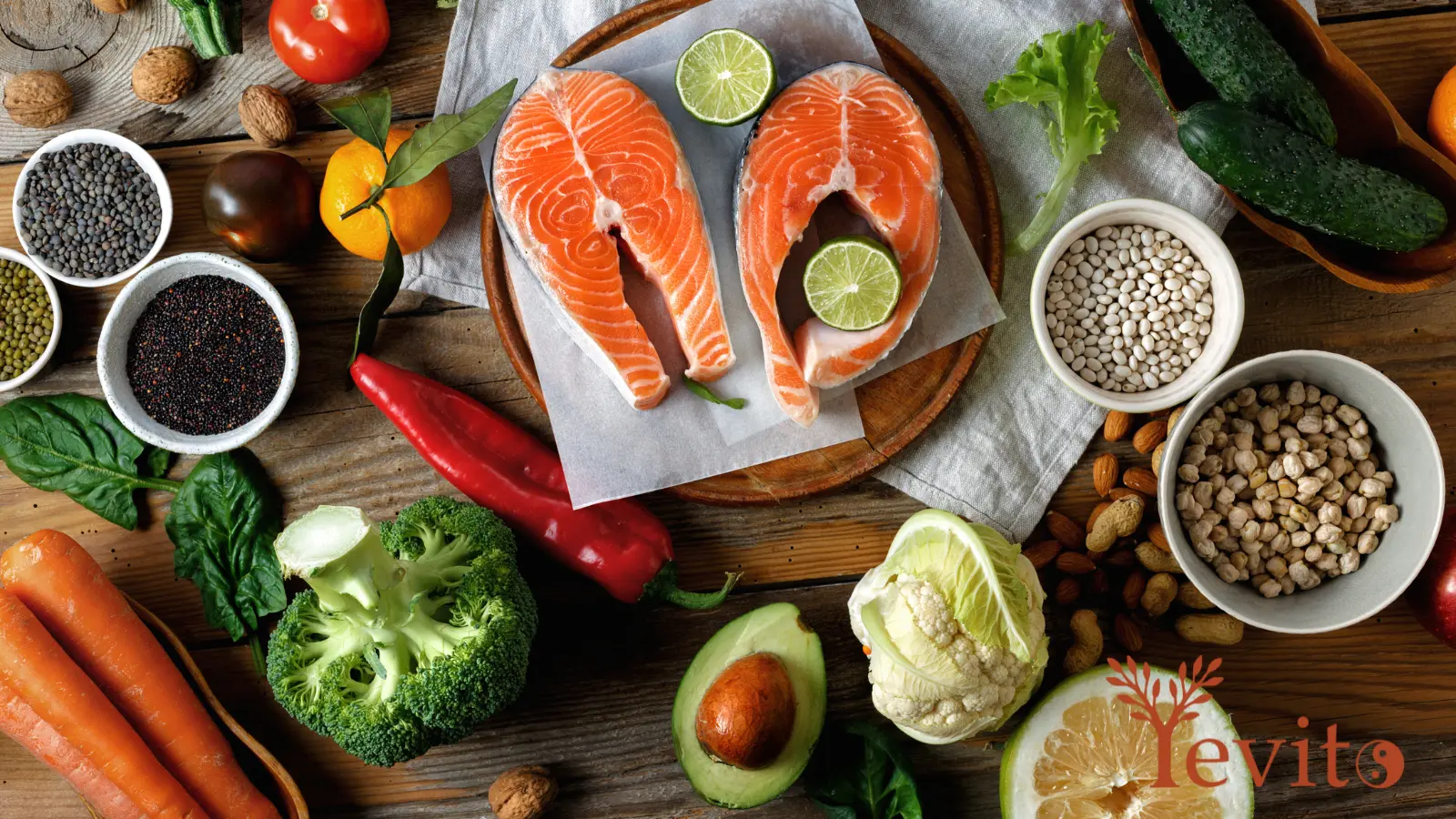 Frische, naturbelassene Lebensmittel wie Fisch, Gemüse, Hülsenfrüchte, Nüsse und Kräuter als Beispiel für vollwertige, ausgewogene Ernährung.