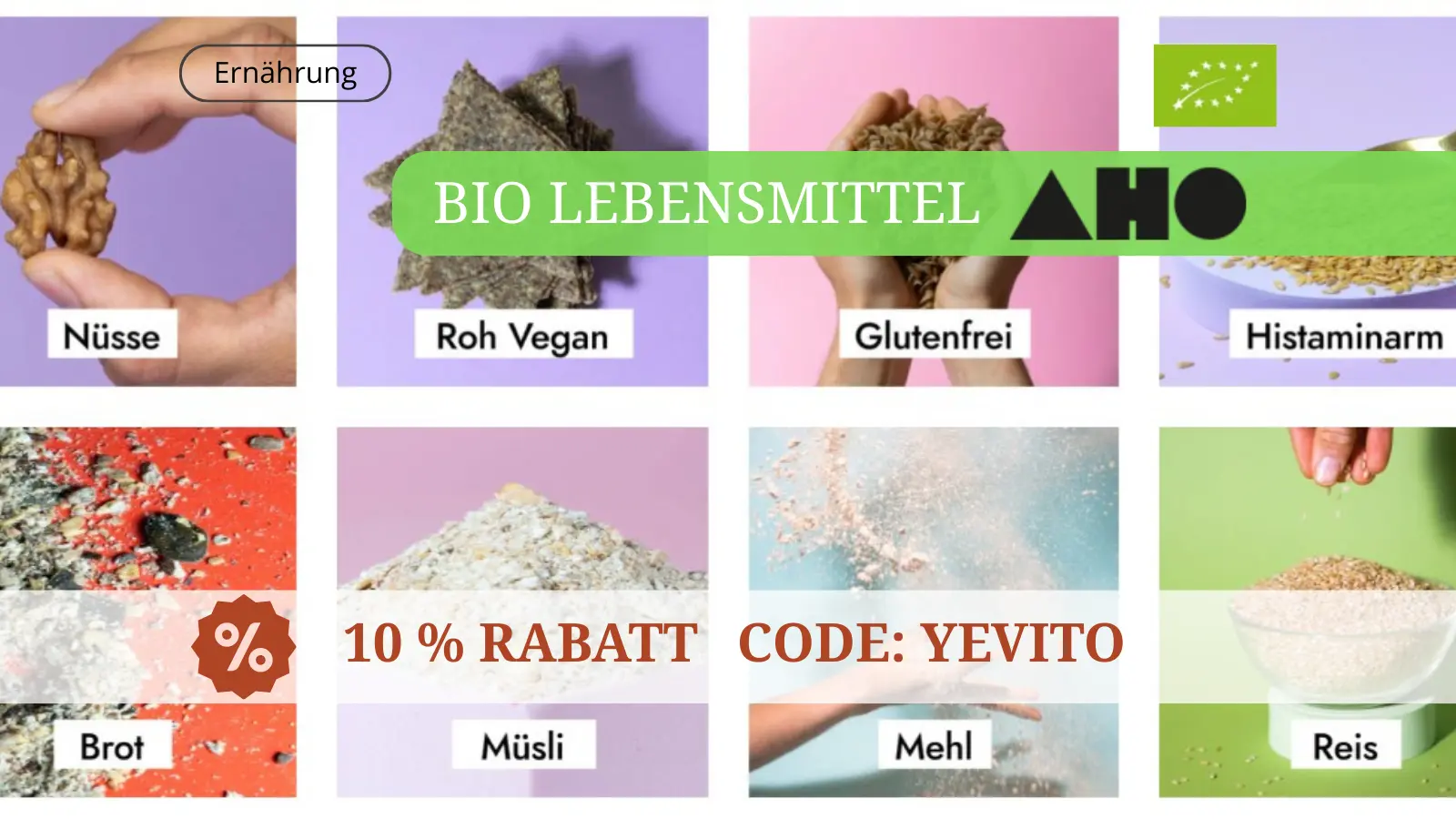 🏷️ AHO BIO Gutschein & Rabattcode: 10 % Rabatt mit Code YEVITO