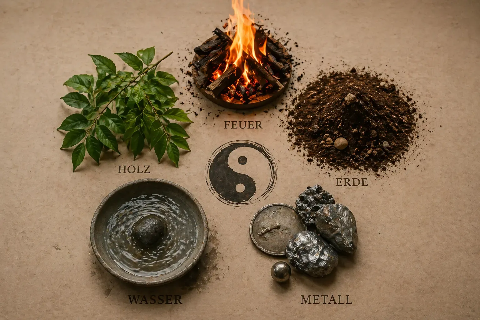 Die fünf Elemente Holz, Feuer, Erde, Metall und Wasser symbolisch dargestellt in einer harmonischen Natur-Komposition.