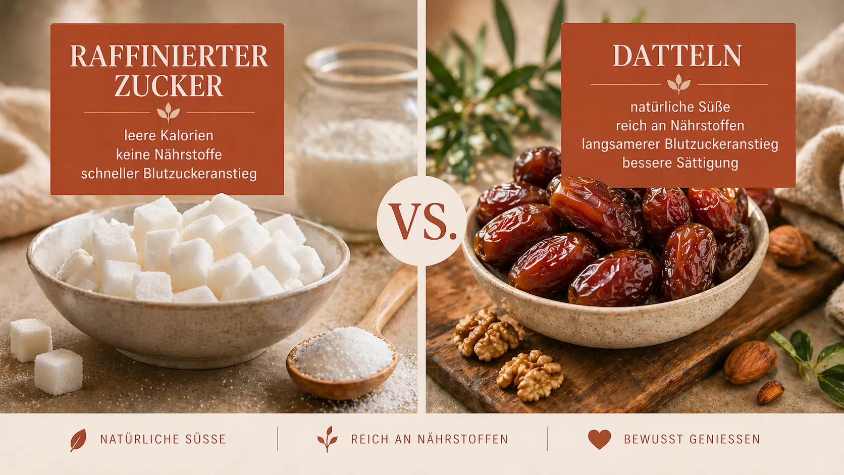 Vergleich von raffiniertem Zucker und natürlichen Datteln.