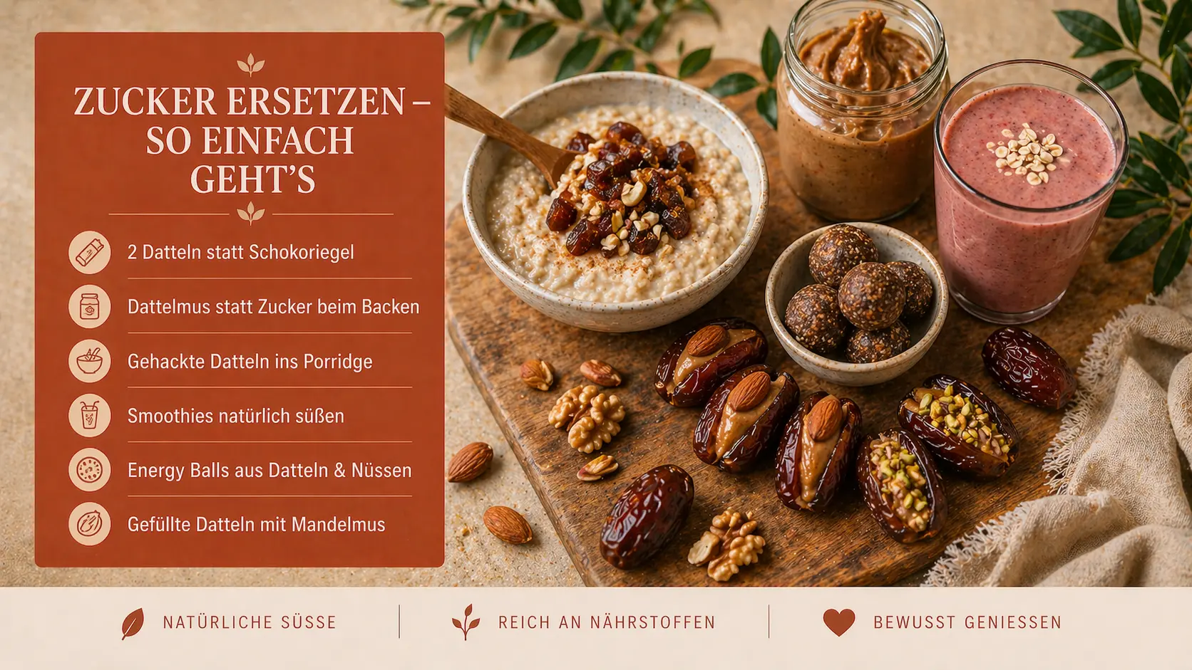 Datteln als gesunder Snack im Alltag mit Nüssen und Mandelmus.