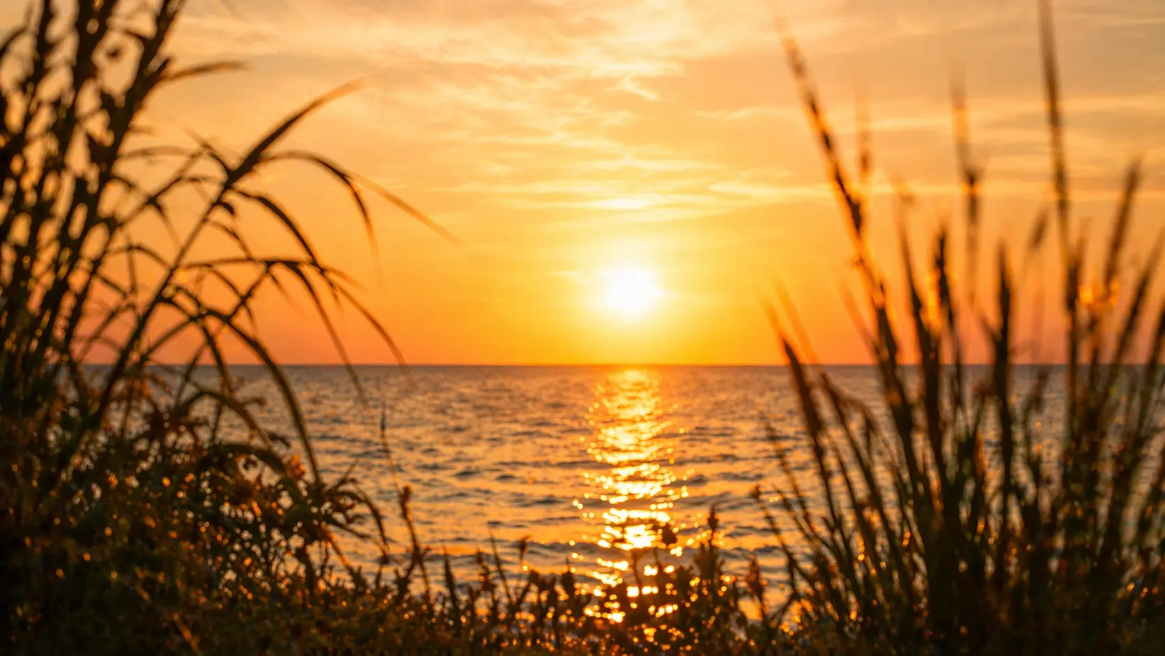 Warmer Sonnenuntergang am Wasser als Symbol für das Element Feuer in der TCM.