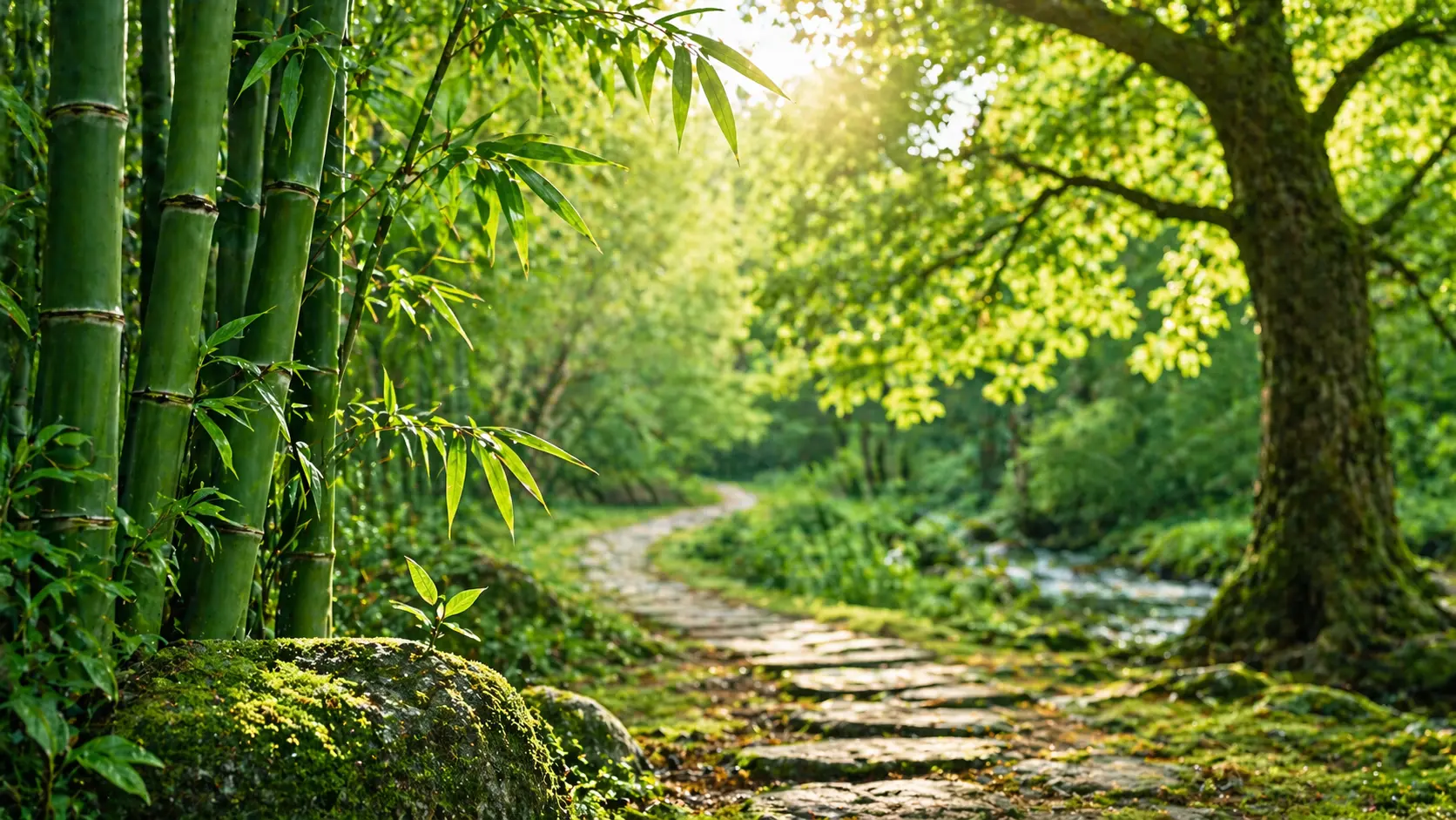 Grüne Natur mit Bambus, Waldweg und Sonnenlicht als Symbol für das Element Holz in der TCM.