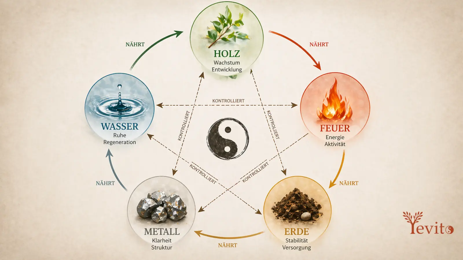 Grafik der fünf Elemente Holz, Feuer, Erde, Metall und Wasser in der TCM mit ihren Zusammenhängen und Zyklen.