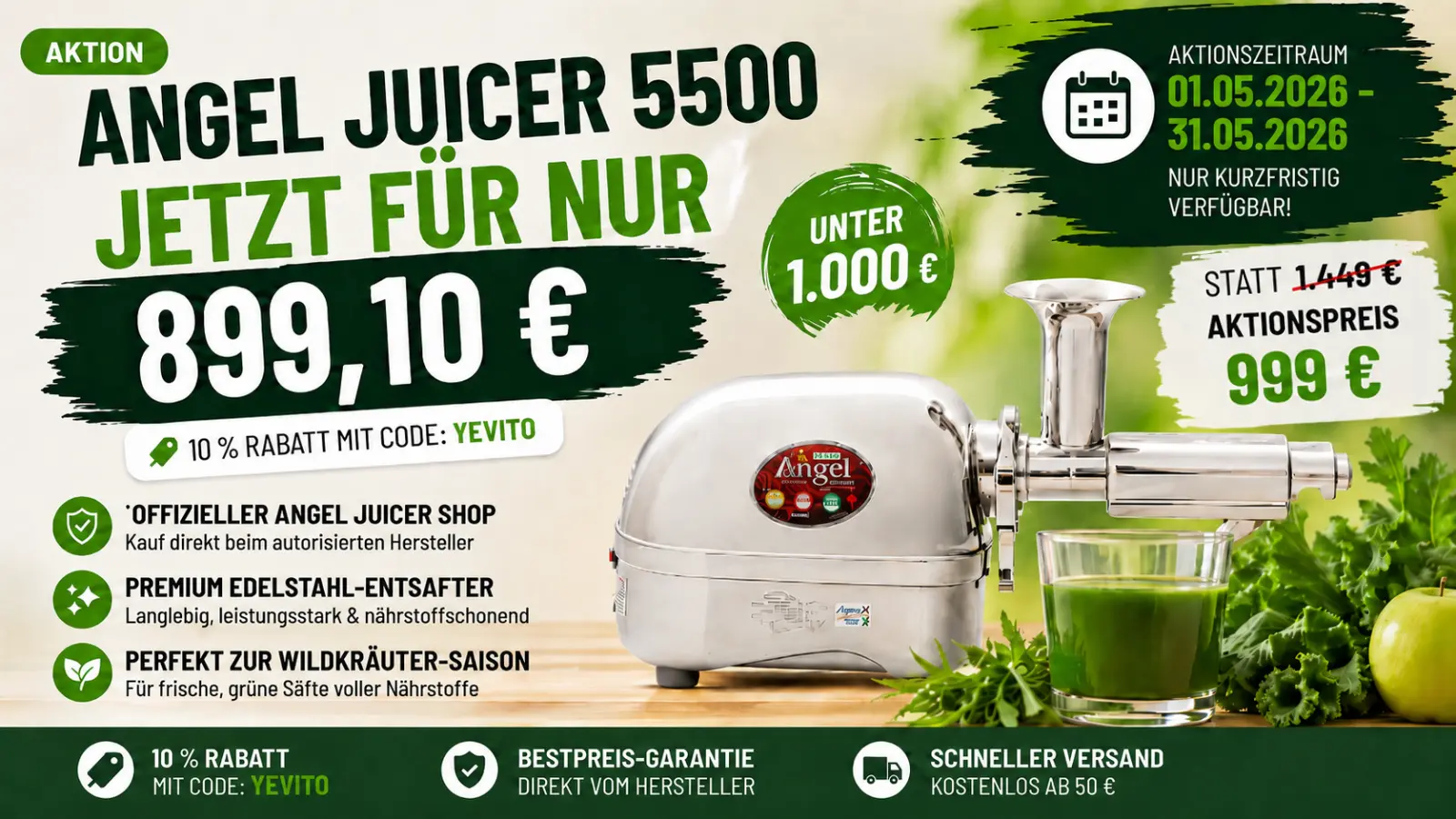 🏷️ Angel Juicer 5500 Rabatt & Gutscheincode: Jetzt für nur 899,10 €