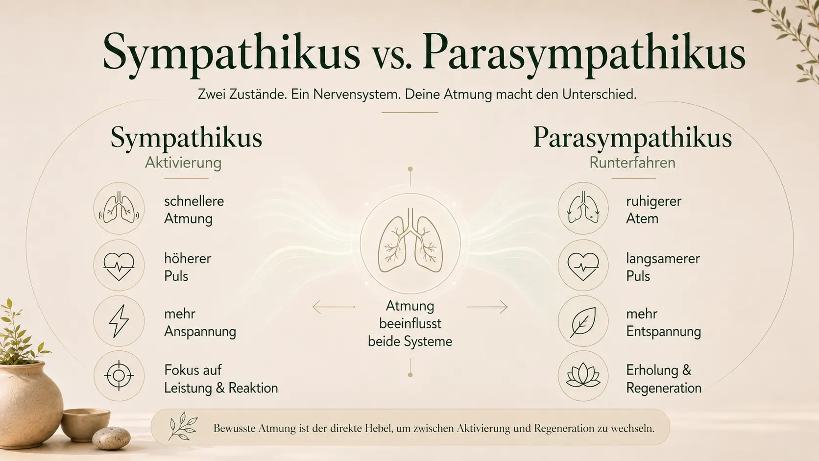 Infografik im Yevito-Stil zu Sympathikus und Parasympathikus mit Vergleich von Aktivierung und Runterfahren durch Atmung, Puls, Anspannung und Regeneration.