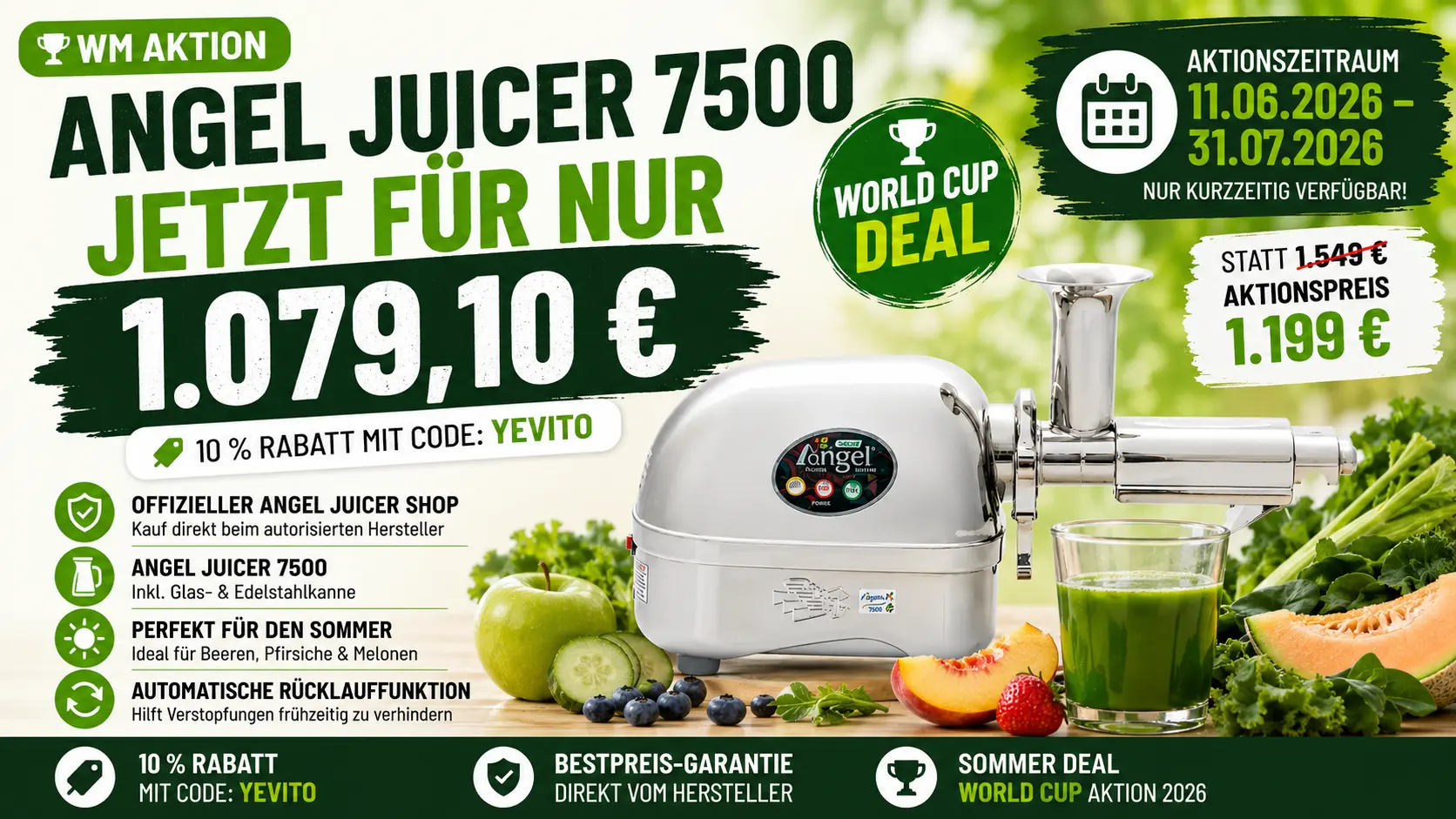 🏷️ Angel Juicer 7500 Rabatt & Gutscheincode: World Cup Deal für 1.079,10 €