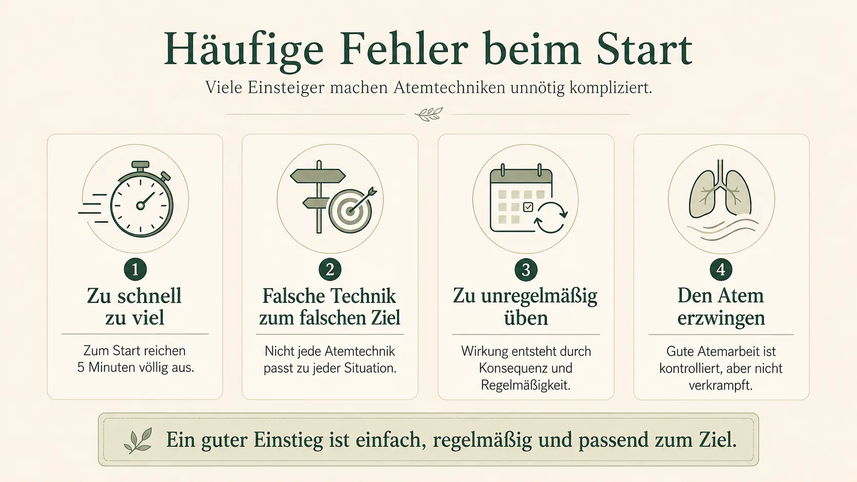 Infografik zu häufigen Fehlern beim Start mit Atemtechniken: zu viel wollen, falsche Technik, unregelmäßig üben und Atem erzwingen.