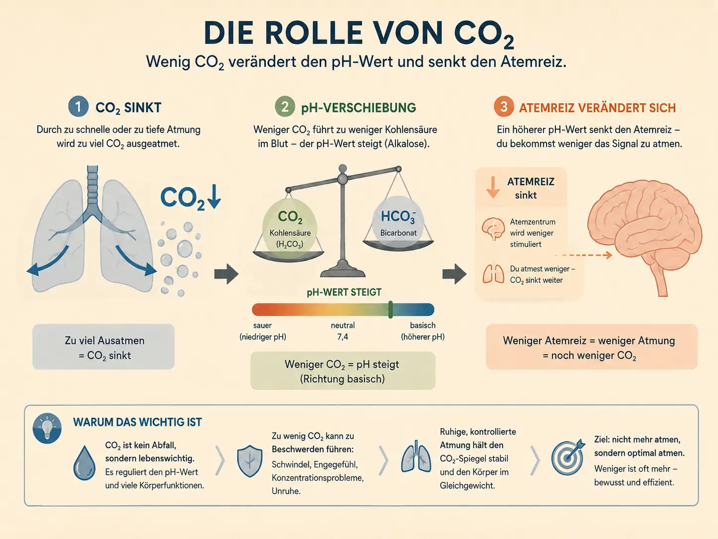 Infografik im Yevito-Stil zur Rolle von CO₂ im Körper mit Darstellung von sinkendem CO₂, steigenden pH-Werten und verändertem Atemreiz durch die Atmung.