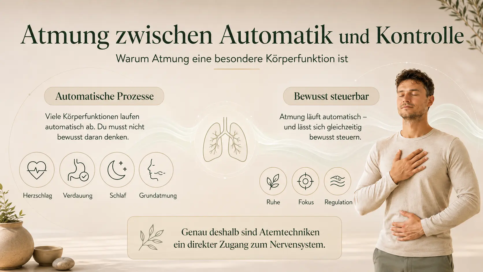 Infografik zur Atmung zwischen Automatik und Kontrolle mit automatischen Körperfunktionen links und bewusst gesteuerter Atmung mit Person rechts.