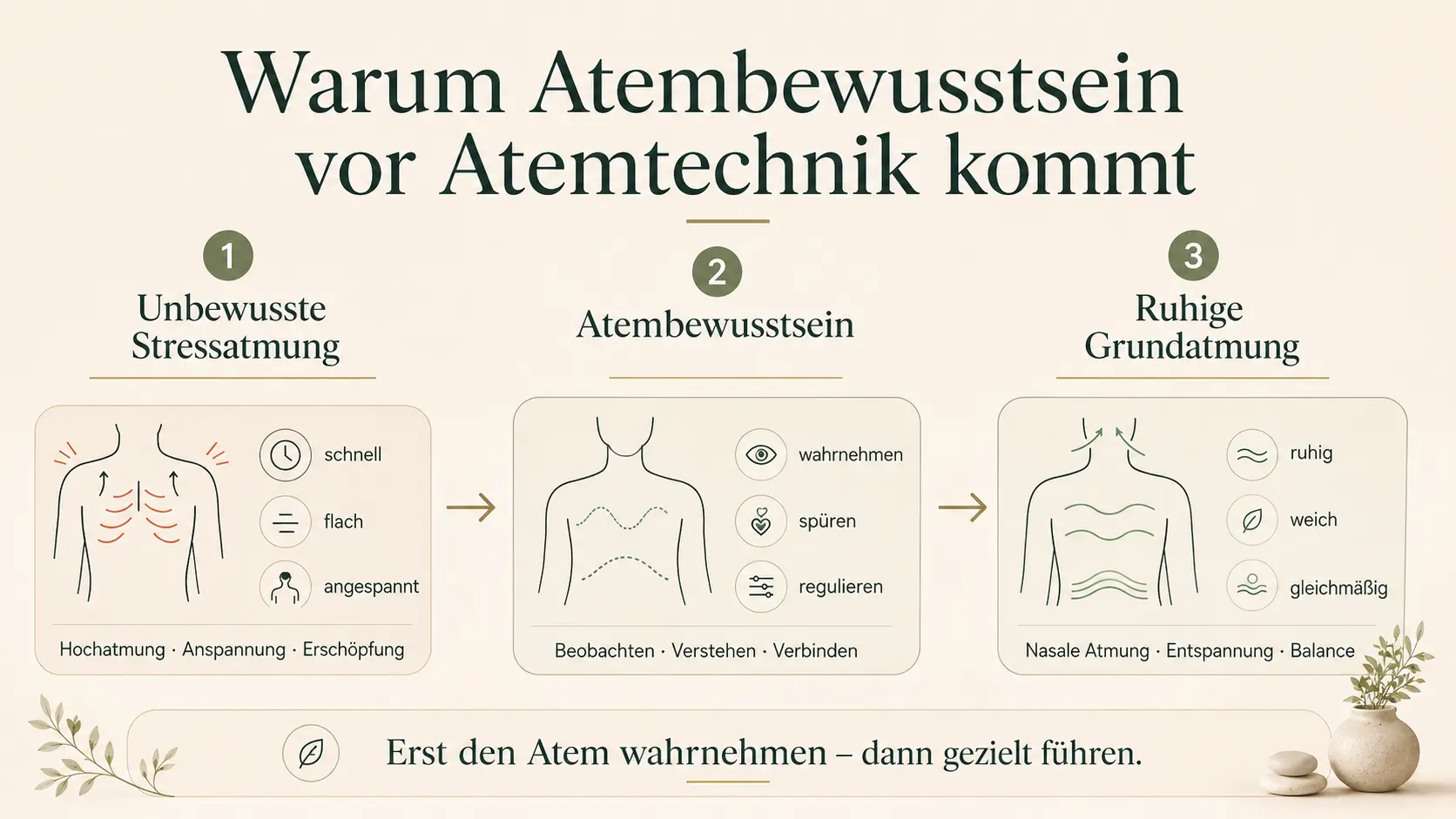 Infografik zu Atembewusstsein vor Atemtechnik mit drei Schritten: unbewusste Stressatmung, Atem wahrnehmen und ruhige Grundatmung entwickeln.