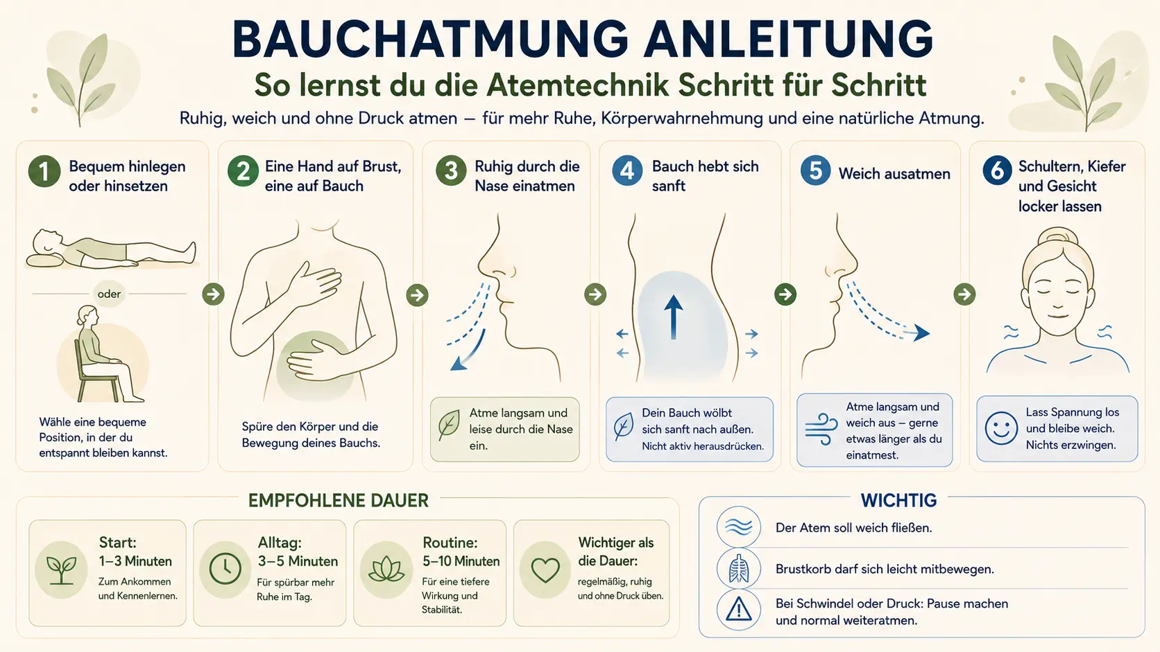 Infografik zur Bauchatmung mit Schritt-für-Schritt-Anleitung, empfohlener Dauer und wichtigen Hinweisen für ruhiges Atmen.
