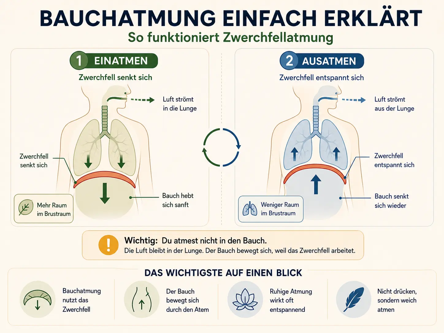 Infografik zur Bauchatmung mit Einatmen und Ausatmen, Zwerchfellbewegung sowie Erklärung, warum sich der Bauch dabei hebt und senkt.