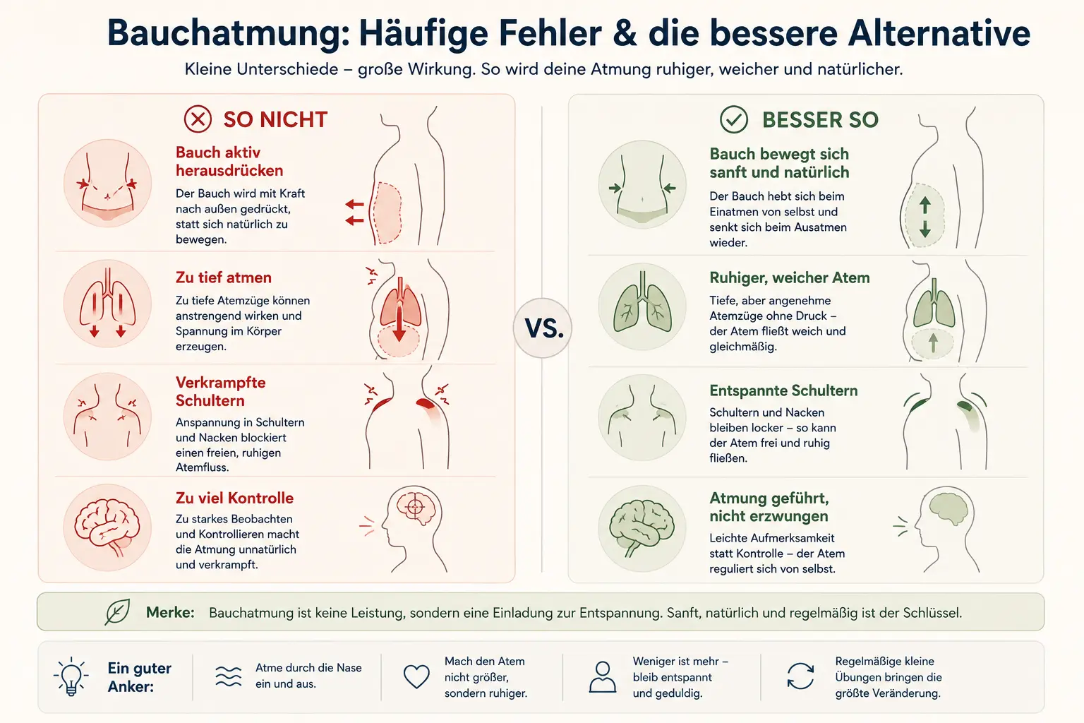 Infografik zu typischen Fehlern bei der Bauchatmung mit Vergleich zwischen falscher Ausführung und besserer Alternative.