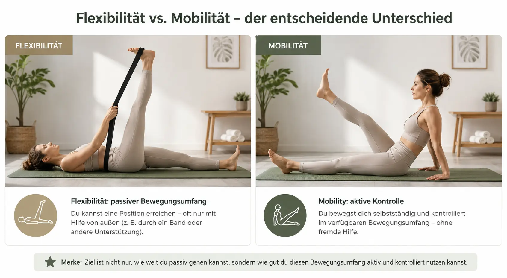 Flexibilität beschreibt den passiv erreichbaren Bewegungsumfang. Mobilität zeigt, wie gut du diesen Bewegungsumfang aktiv, stabil und kontrolliert nutzen kannst.