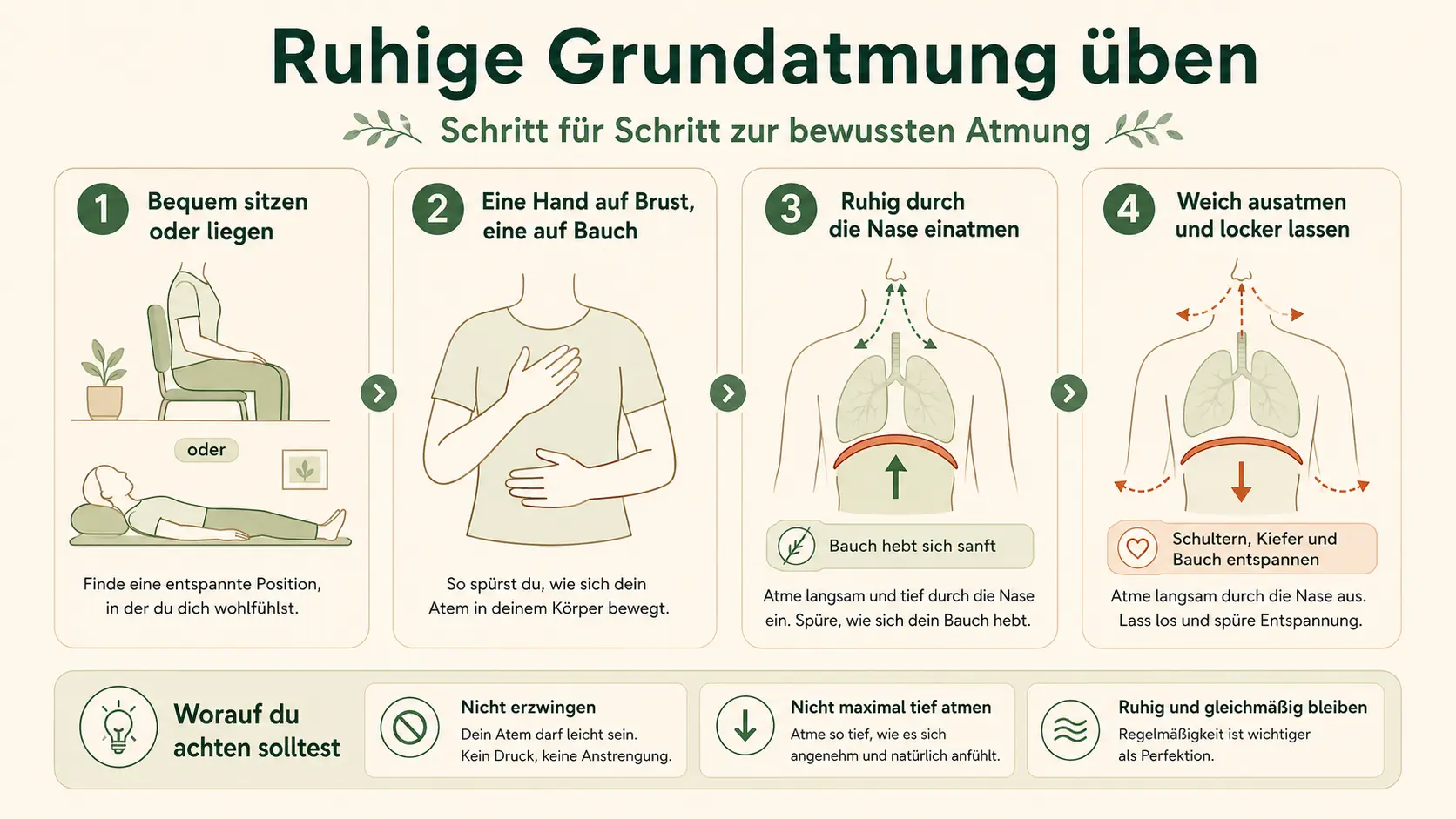 Infografik zur ruhigen Grundatmung mit vier Schritten: sitzen oder liegen, Hände auf Brust und Bauch, durch die Nase einatmen und weich ausatmen.