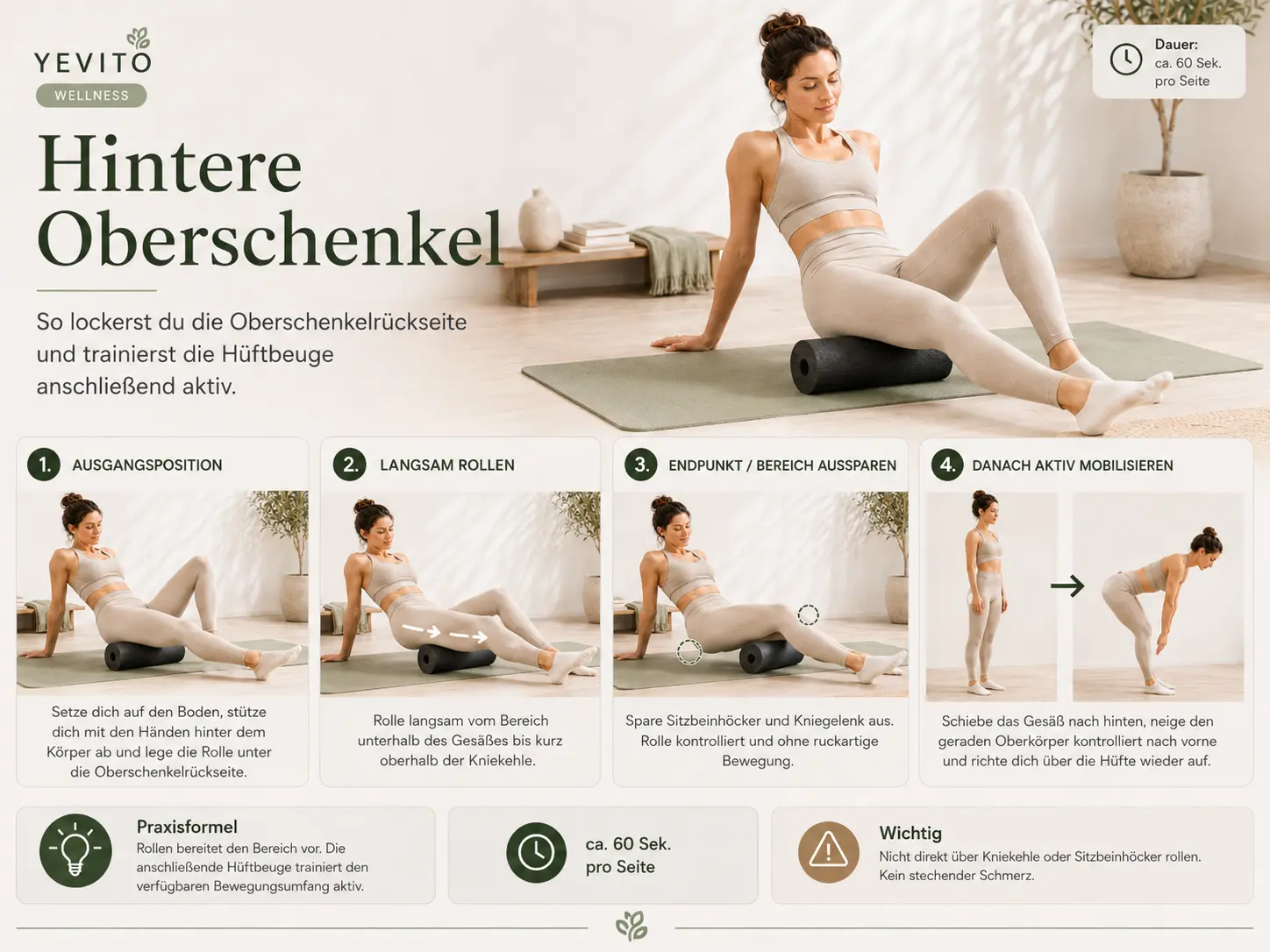 Rolle die Oberschenkelrückseite langsam und kontrolliert aus. Trainiere den gewonnenen Bewegungsumfang anschließend mit einer sauberen Hüftbeuge aktiv weiter.