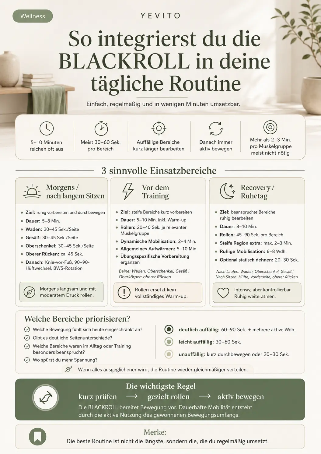 Die Übersicht zeigt, wie du die BLACKROLL morgens, vor dem Training und zur Regeneration sinnvoll in deine Mobility-Routine integrierst.