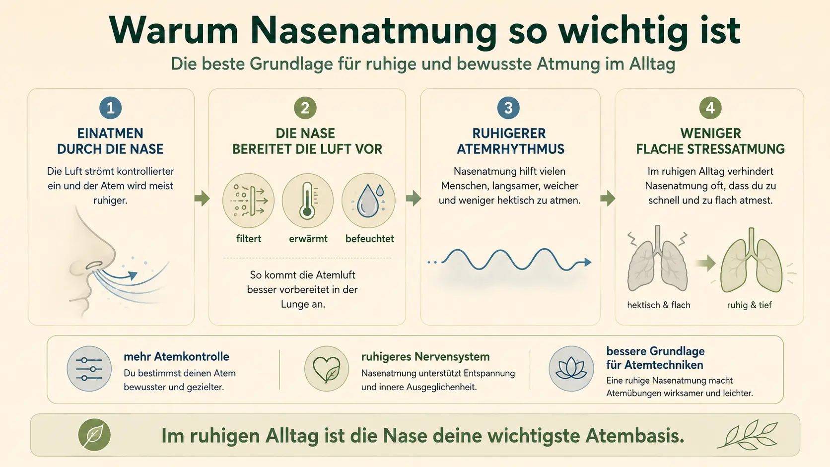 Infografik zur Nasenatmung mit Vorteilen wie Luft filtern, erwärmen, befeuchten und ruhigerem Atemrhythmus.