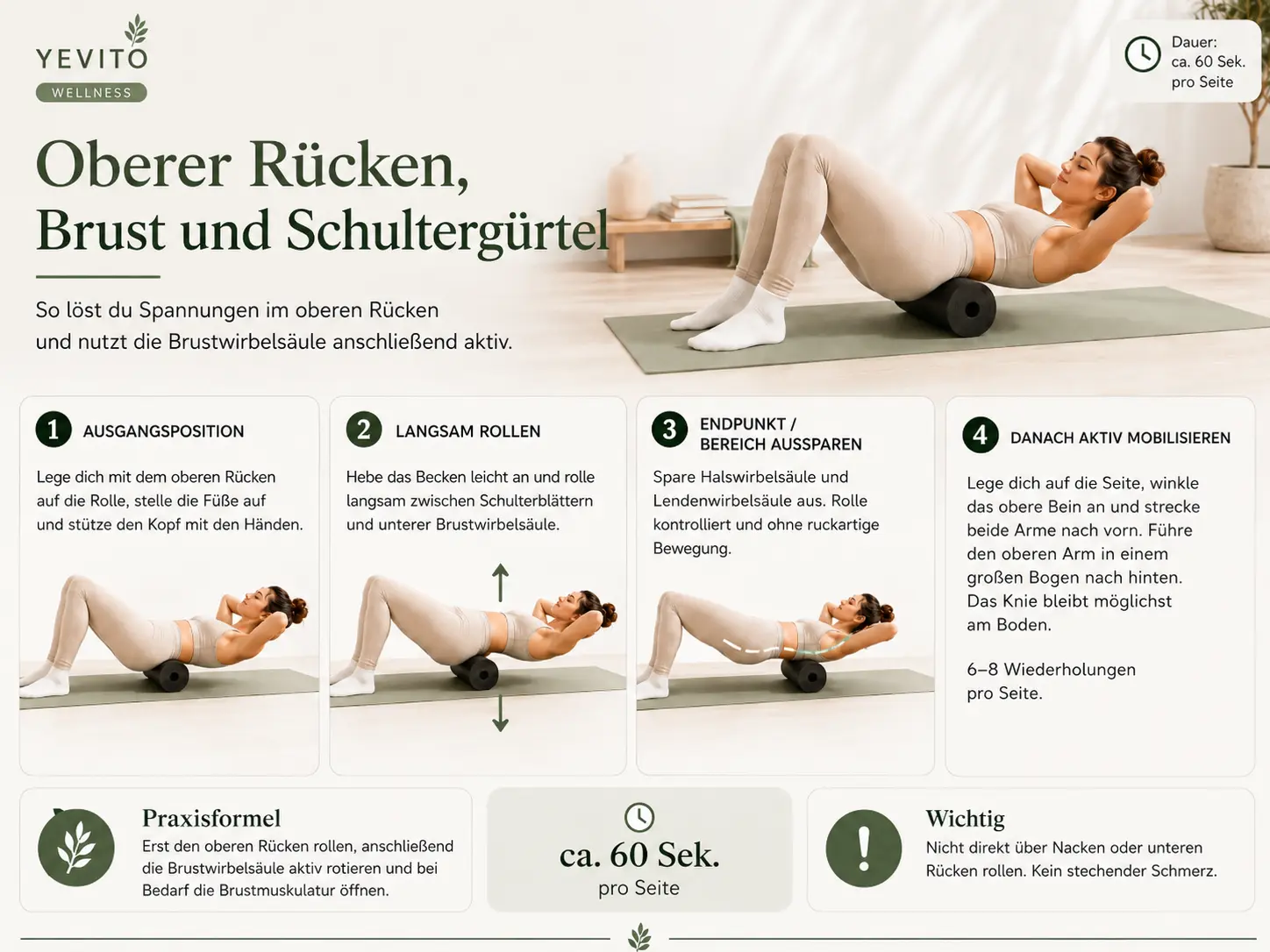 Rolle den oberen Rücken langsam und kontrolliert aus. Mobilisiere die Brustwirbelsäule anschließend aktiv durch eine ruhige Rotation.