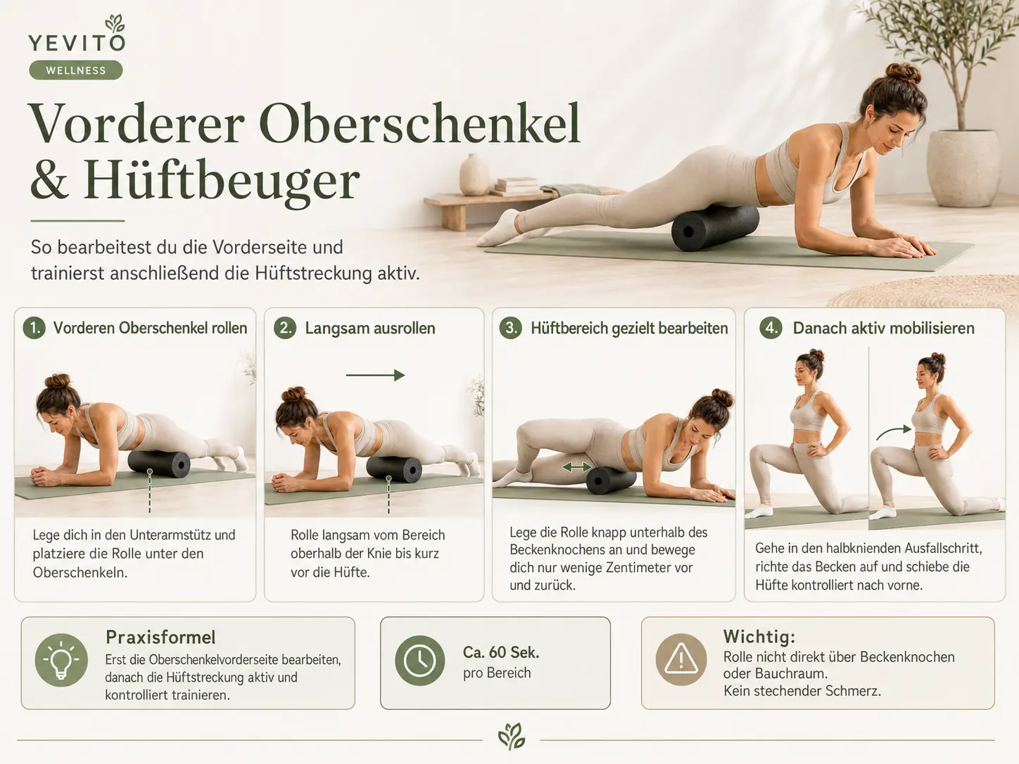 Rolle die Vorderseite des Oberschenkels und den Hüftbereich kontrolliert aus. Nutze die gewonnene Bewegungsfreiheit anschließend mit einer aktiven Hüftmobilisation.