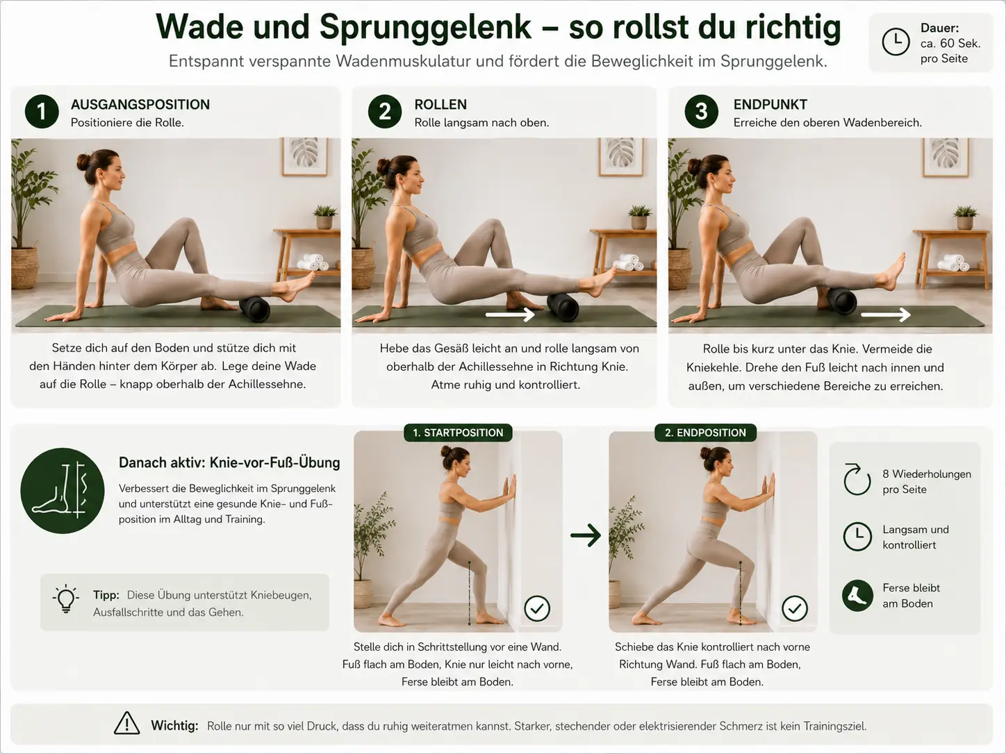 Rolle die Wade langsam von oberhalb der Achillessehne bis kurz unter das Knie und mobilisiere das Sprunggelenk anschließend aktiv.