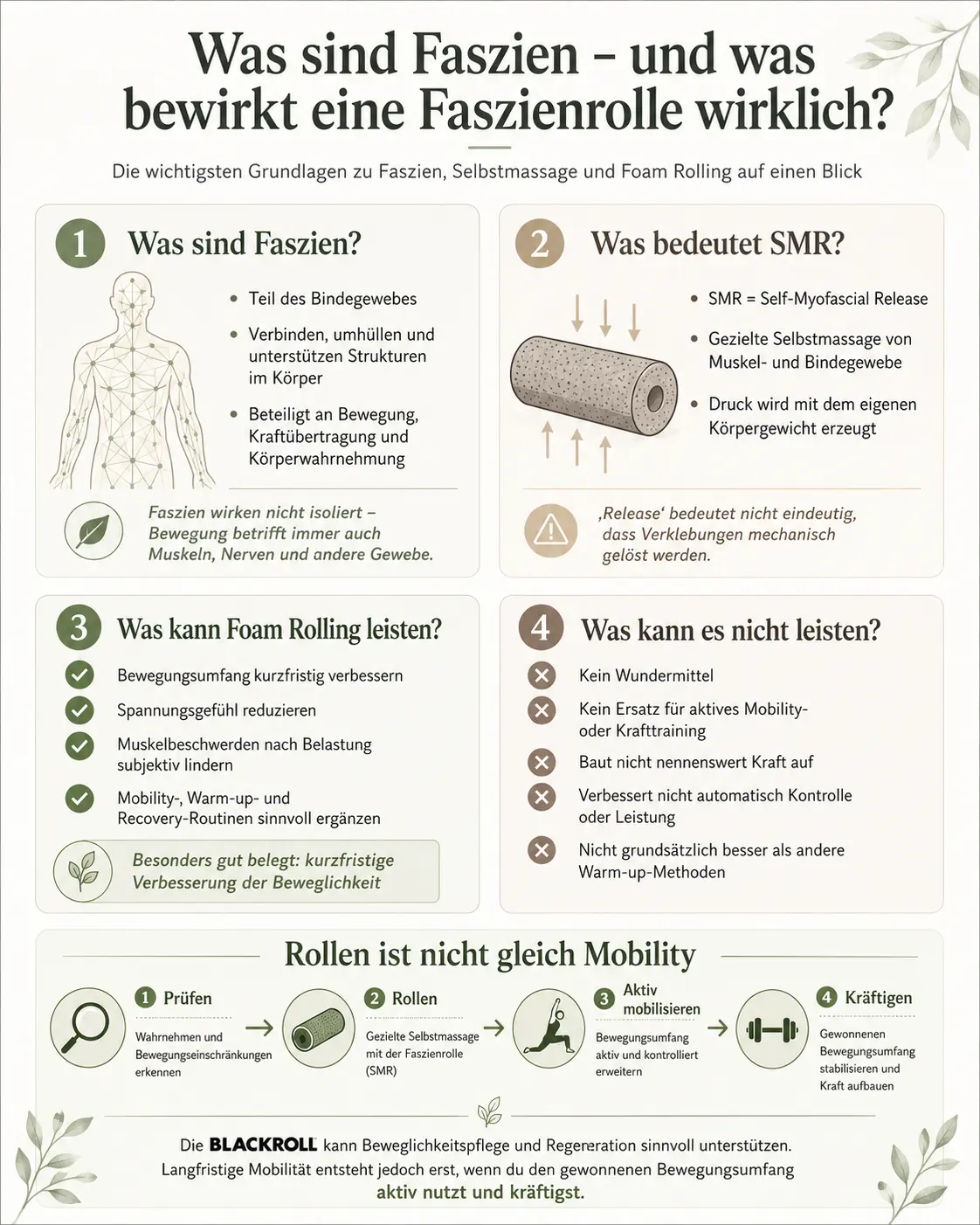 Faszien sind Teil des Bindegewebes. Eine Faszienrolle kann Beweglichkeit und Regeneration sinnvoll unterstützen, ersetzt jedoch kein aktives Mobility-Training.