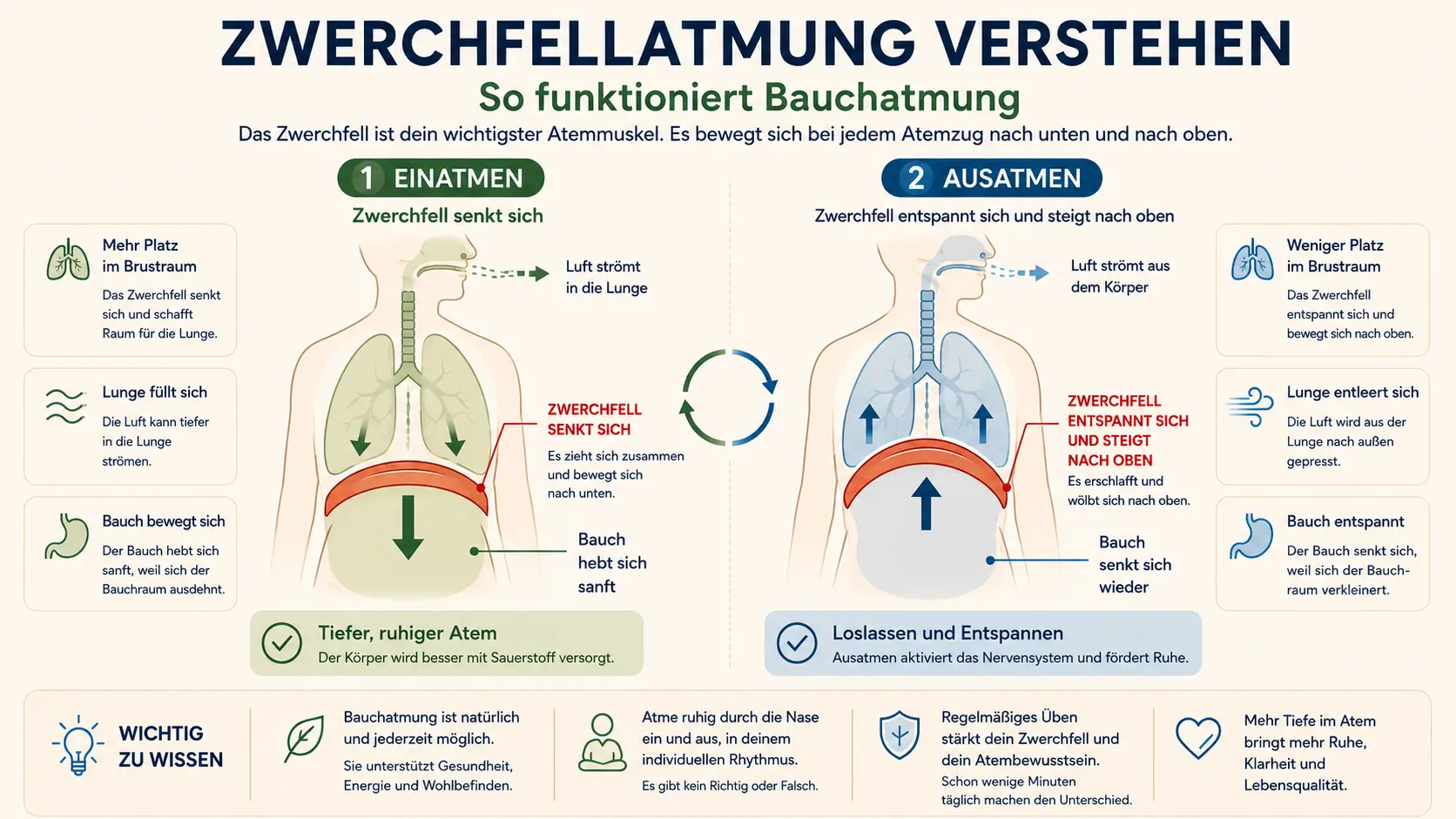 Infografik zur Zwerchfellatmung mit Einatmung, Ausatmung, Bewegung des Zwerchfells, Lunge und Bauchraum.