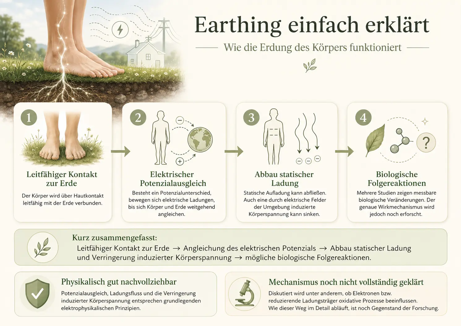 Earthing im Überblick: Leitfähiger Kontakt zur Erde kann das elektrische Potenzial des Körpers ausgleichen, statische Ladung abbauen und mit messbaren biologischen Veränderungen verbunden sein.