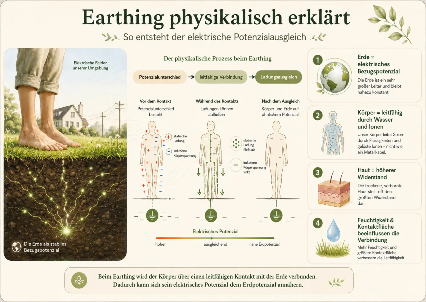 Earthing physikalisch erklärt: So entsteht der elektrische Potenzialausgleich zwischen Körper und Erde.